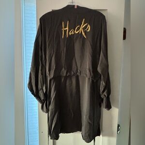 Lunya Washable Silk Robe with “Hacks” Embroidered in Gold